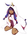  1girl animal_ears blush breasts dark_skin fate/grand_order fate_(series) highres htighs kuroshiro_(ms-2420) long_hair looking_at_viewer nitocris_(fate/grand_order) nitocris_(swimsuit_assassin)_(fate) purple_hair rabbit_ears simple_background sitting solo sweatdrop thighw very_long_hair violet_eyes wariza 