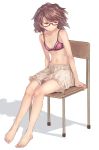  1girl bare_arms bare_legs barefoot bionekojita bloomers bow bow_bra bra breasts brown_eyes brown_hair chair cleavage closed_mouth full_body glasses highres pink_bra red-framed_eyewear semi-rimless_glasses short_hair sitting small_breasts solo touhou under-rim_glasses underwear underwear_only usami_sumireko 