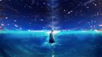  1girl blue blue_sky commentary_request highres horizon in_water light_beam night night_sky ocean original ripples scenery short_hair silhouette sky soaking_feet solo standing star_(sky) starry_sky water_surface y_y_(ysk_ygc) 