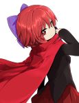  1girl bangs bow breasts brown_eyes cape closed_mouth cowboy_shot eyebrows_visible_through_hair from_behind hair_between_eyes hair_bow hand_up highres long_sleeves looking_at_viewer looking_back medium_breasts pleated_skirt purple_bow red_cape red_skirt redhead sekibanki short_hair simple_background skirt smile solo touhou tyouseki white_background 