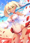  1girl ahoge beach bikini blonde_hair blurry blurry_background blush breasts cleavage commentary_request day dutch_angle earrings fate/grand_order fate_(series) green_eyes hair_intakes halterneck highres jewelry large_breasts long_hair looking_at_viewer navel nero_claudius_(swimsuit_caster)_(fate) ocean one-piece_tan outdoors oyaji-sou petals saber_extra sand shiny shiny_hair smile solo striped striped_bikini swimsuit tan tanline teeth twintails water 