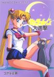  1girl animal_ears bishoujo_senshi_sailor_moon blonde_hair blue_eyes boots cat cat_ears choker crescent crescent_earrings double_bun earrings elbow_pads facial_mark fang forehead_mark gloves hand_on_own_cheek highres jewelry long_hair looking_at_viewer luna_(sailor_moon) mon_mon moon open_mouth plaid plaid_skirt red_eyes sailor_moon sitting skirt solo star tiara twintails very_long_hair white_gloves 