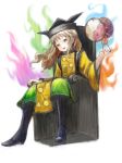  1girl absurdres aura blonde_hair boots brown_eyes brown_hair daiquiri drum hat highres instrument long_hair looking_at_viewer matara_okina open_mouth sitting smile solo tabard throne touhou white_background yellow_eyes 