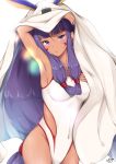  1girl animal_ears arm_up armpits blush breasts covered_navel dark_skin facial_mark fate/grand_order fate_(series) highres hoshimiya_mashiro long_hair looking_at_viewer medium_breasts nitocris_(fate/grand_order) nitocris_(swimsuit_assassin)_(fate) one-piece_swimsuit purple_hair solo swimsuit veil violet_eyes 