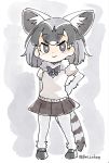  10s 1girl animal_ears artist_name blush_stickers bow bowtie commentary common_raccoon_(kemono_friends) fennec_(kemono_friends) fox_ears full_body fur_collar grey_eyes greyscale hand_on_hip if_they_mated kemono_friends looking_at_viewer monochrome multicolored_hair muted_color panzuban puffy_short_sleeves puffy_sleeves raccoon_tail short_hair short_sleeves skirt smile solo tail twitter_username 