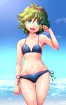  1girl bikini blue_eyes fire_emblem fire_emblem:_rekka_no_ken green_hair hairband harihisa nino_(fire_emblem) open_mouth short_hair sky solo swimsuit wawter 