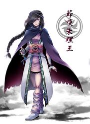  1girl arm_at_side bandage black_cape black_hair blue_eyes boots braid cape caravan_stories e_no_a_ki_(enoshi) full_body hair_over_one_eye hairband highres jewelry katana long_hair looking_at_viewer low-tied_long_hair ring standing sword weapon white_boots wristband 