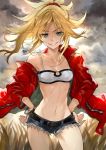  belt blonde_hair bra_strap bracelet braid denim fate/apocrypha fate_(series) green_eyes highres jacket jewelry necklace red_jacket saber_of_red short_shorts shorts yuu_(higashi_no_penguin) 