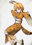  10s 1girl absurdres animal_ears brown_eyes commentary extra_ears geta grin highres japanese_clothes kemono_friends kimono looking_at_viewer obi ponderogen print_legwear sash serval_(kemono_friends) serval_ears serval_print serval_tail short_hair smile solo striped_tail tail wide_sleeves 