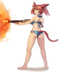  1girl absurdres animal_ears ass barefoot blue_eyes blush breasts cat_ears cat_tail commission final_fantasy final_fantasy_xiv firing from_behind goggles goggles_on_head gun highres holding holding_gun holding_weapon large_breasts looking_away miqo&#039;te parted_lips redhead smile solo sookmo tail weapon 