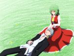  1boy 1girl arm_at_side ascot belt buttons closed_eyes closed_mouth collarbone crossover field frilled_skirt frills grass green_hair grey_hair hair_between_eyes hand_on_another&#039;s_face hand_rest highres ho-ri- houndstooth jacket kazami_yuuka lap_pillow long_skirt long_sleeves looking_at_another lying narukami_yuu on_back open_clothes open_jacket pants parted_lips persona persona_4 red_eyes red_skirt red_vest school_uniform shirt short_hair sitting skirt skirt_set sleeping slit_pupils smile touhou unbuttoned vest white_shirt yasogami_school_uniform 