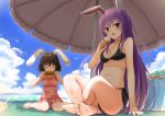  2girls animal_ears bangs bare_arms bare_legs barefoot beach_towel beach_umbrella bikini black_bikini black_hair blue_sky bluekalmia breasts cleavage closed_eyes clouds cloudy_sky cooler corn day eating food ice_cream inaba_tewi innertube legs_crossed long_hair medium_breasts multiple_girls outdoors pink_swimsuit purple_hair rabbit_ears red_eyes reisen_udongein_inaba sitting sky smile summer swimsuit touhou towel umbrella very_long_hair 