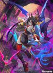  1girl ass bare_shoulders bat bird black_hair black_sclera blue_hair copyright_name facial_mark force_of_will grey_skin lack moon multicolored_hair night night_sky official_art owl pointy_ears red_eyes sandals sky solo sword tattoo weapon 