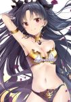  1girl absurdres arm_up armpits bangs black_bow black_hair black_panties blurry blush bow breasts cleavage closed_mouth collarbone depth_of_field detached_collar earrings eyebrows_visible_through_hair fate/grand_order fate_(series) hair_bow highres hoop_earrings ishtar_(fate/grand_order) jewelry long_hair looking_at_viewer medium_breasts navel panties parted_bangs petals red_eyes smile solo tohsaka_rin tsurime two_side_up underwear upper_body yoshida_iyo 