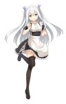  1girl apron black_legwear black_shoes blue_eyes frills full_body heijialan long_hair looking_at_viewer maid maid_headdress mary_janes original shoes silver_hair smile solo standing standing_on_one_leg thigh-highs two_side_up underbust very_long_hair zettai_ryouiki 