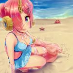  1girl beach berserker_of_black blue_eyes blush breasts cleavage collarbone double_bun fate/grand_order fate_(series) hair_ornament hair_over_one_eye highres horns looking_at_viewer medium_breasts open_mouth parted_lips pecolondon pink_hair sand short_hair solo squatting starfish 