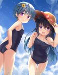  2girls :d adjusting_clothes adjusting_swimsuit arm_up ass bangs black_hair blue_hair blue_sky clouds cloudy_sky collarbone crossed_bangs day eyebrows_visible_through_hair fang flat_chest flower hair_flower hair_ornament hairclip hand_up hat highres leaning_forward long_hair looking_at_viewer looking_back multiple_girls niiya one-piece_swimsuit open_mouth original outdoors school_swimsuit short_hair sky smile standing strap_slip sun_hat sunflower swimsuit thigh_gap thighs violet_eyes 