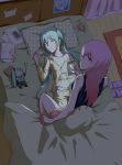  2girls absurdres bed bedroom black_shirt blue_eyes breasts cellphone cleavage closed_eyes collarbone eyebrows_visible_through_hair from_above girl_on_top green_hair groin hatsune_miku highres holding holding_phone indoors long_hair looking_at_viewer looking_back lying megurine_luka multiple_girls nejikyuu night on_back open_clothes open_shirt orange_shots panties pants pants_pull phone pillow pink_hair shirt short_shorts shorts sleeping small_breasts smartphone twintails underwear vocaloid white_panties yellow_pants yellow_shirt yuri 