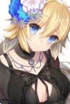  1girl arms_at_sides bangs blue_eyes blue_flower blush breasts brooch c: cleavage closed_mouth collarbone eyebrows_visible_through_hair fate/stay_night fate_(series) flower hair_between_eyes hair_down hair_flower hair_ornament head_tilt jewelry large_breasts long_hair looking_at_viewer necklace ruler_(fate/apocrypha) simple_background smile solo upper_body white_background white_flower yuzu-aki 