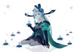  1girl absurdres aoandon bangs black_gloves blue_eyes blue_lips blunt_bangs candle elbow_gloves gloves hair_ornament highres holding_candle long_hair looking_at_viewer onmyoji pale_skin sitting solo very_long_hair white_hair yunguigui 