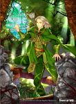  1boy armor arrow belt boots cape copyright_name force_of_will grass leaf long_hair male_focus nature official_art pointy_ears quiver rock solo sparkle tomida_tomomi tree white_hair yellow_eyes 