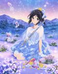  1girl artist_request barefoot black_hair blue_dress blue_eyes blurry blush clouds depth_of_field dress feet field flower flower_field flute glass_slipper hair_flower hair_ornament hibike!_euphonium highres instrument kasaki_nozomi long_hair musical_note official_art outdoors quaver see-through shoes_removed sitting sky smile solo star_(sky) starry_sky wariza 