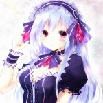  1girl bow breasts fairy_fencer_f frills hairband highres lolita_hairband long_hair looking_at_viewer red_eyes ribbon shado_ne smile tiara_(fairy_fencer_f) tsunako white_hair 