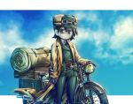  1girl belt black_eyes black_gloves black_hair closed_mouth cookie_(touhou) expressionless gloves goggles goggles_on_headwear green_hat ground_vehicle hat hermes highres kino kino_no_tabi kofji_(cookie) long_sleeves looking_at_viewer marakasutintin motor_vehicle motorcycle solo touhou 