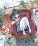  1girl armchair blue_eyes book cat chair cup feet green_hair indoors open_book original pantyhose shoes_removed short_hair sitting solo teacup teapot white_legwear yamaishi_nohi 