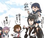  5girls ahoge akebono_(kantai_collection) arm_guards asashio_(kantai_collection) bell black_hair brown_hair carrying collar comic commentary_request elbow_gloves engrish flower gloves hair_bell hair_between_eyes hair_flower hair_ornament hairclip hand_up headgear ikazuchi_(kantai_collection) kantai_collection long_hair long_sleeves multiple_girls nagato_(kantai_collection) neckerchief open_mouth otoufu pleated_skirt purple_hair ranguage school_uniform serafuku short_hair short_sleeves shoulder_carry side_ponytail skirt sleeveless smile socks translation_request ushio_(kantai_collection) 