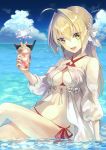  1girl :d ahoge babydoll beach bikini blonde_hair botantouki braid breasts cleavage clouds day fate/grand_order fate_(series) flower food green_eyes hair_between_eyes hair_intakes half_updo halterneck highres ice_cream legs_crossed long_hair looking_at_viewer medium_breasts navel nero_claudius_(swimsuit_caster)_(fate) ocean open_mouth outdoors partially_submerged pocky rose saber_extra side-tie_bikini signature sitting sky smile solo sparkle striped striped_bikini swimsuit water white_rose 