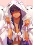  1girl bangs bed_sheet blush breasts cleavage collarbone commentary_request dark_skin facepaint fate/grand_order fate_(series) flying_sweatdrops hairband hands_up highres kuune_(muttey-myg) long_hair looking_at_viewer medium_breasts medjed nitocris_(fate/grand_order) nitocris_(swimsuit_assassin)_(fate) pink_background purple_hair sidelocks very_long_hair violet_eyes waist white_bikini_top wristband 