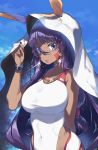  1girl amana_(pocketkey) animal_ears breasts clouds covered_navel dark_skin day earrings facial_mark fate/grand_order fate_(series) hairband highres hoop_earrings jewelry long_hair looking_at_viewer necklace nitocris_(fate/grand_order) nitocris_(swimsuit_assassin)_(fate) one-piece_swimsuit purple_hair sky solo swimsuit very_long_hair violet_eyes white_swimsuit 