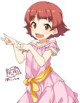  1girl akane_yuki bare_shoulders brown_eyes collarbone commentary_request dress fox_shadow_puppet idolmaster idolmaster_million_live! nonohara_akane open_mouth pink_dress redhead sash short_hair short_sleeves simple_background smile solo 