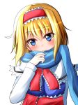  1girl alice_margatroid bangs blonde_hair blue_dress blue_eyes blue_scarf blush breasts capelet closed_mouth dress eyebrows_visible_through_hair hairband head_tilt highres lolita_hairband long_sleeves looking_at_viewer medium_breasts oshiaki sash scarf short_hair smile solo touhou upper_body 