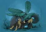  1girl boots borvar coat dark_skin highres petting plant pokemon pokemon_(creature) pokemon_(game) pokemon_xy purple_hair rain sina_(pokemon) sitting smile tropius water wet 