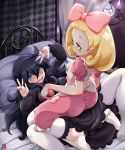  2girls @_@ apron ass bed bed_sheet bedroom blonde_hair bow breasts chandelure checkered curtains dress erect_nipples_under_clothes fairy_tale_girl_(pokemon) girl_on_top hair_bow hex_maniac_(pokemon) kemoyuri long_sleeves looking_at_viewer multiple_girls nail_polish npc npc_trainer on_bed open_mouth overalls pillow pink_bow pink_dress poke_ball pokemon pokemon_(creature) pokemon_(game) pokemon_xy purple_dress purple_hair purple_nails short_sleeves smile spread_legs thigh-highs v violet_eyes wavy_mouth white_bow yellow_eyes yuri 