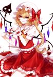  1girl absurdres ascot blonde_hair blood bow cup flandre_scarlet frilled_shirt_collar frills hat highres laevatein looking_at_viewer mob_cap puffy_short_sleeves puffy_sleeves sheya short_sleeves side_ponytail touhou wings wrist_cuffs 