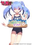  1girl blue_hair blush bottle highres holding holding_bottle long_hair looking_at_viewer matsuki_ringo official_art one_eye_closed parted_lips school_swimsuit smile solo swimsuit teeth twintails uchi_no_hime-sama_ga_ichiban_kawaii violet_eyes water_bottle 