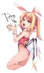  1girl alternate_costume animal_ears ass bare_legs bare_shoulders blonde_hair blush bunnysuit cropped_legs detached_collar fangs flandre_scarlet half-closed_eyes hands_together highleg highleg_leotard leotard long_hair looking_at_viewer pointy_ears rabbit_ears red_eyes red_leotard shamo_(koumakantv) side_ponytail simple_background solo touhou white_background wings wrist_cuffs 