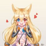  1girl animal_ears blonde_hair blue_eyes blush breasts character_request cleavage copyright_request eyebrows_visible_through_hair heart heterochromia long_hair looking_at_viewer navel open_mouth panties pong_(vndn124) red_eyes small_breasts smile solo underwear upper_body white_panties 
