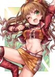  1girl absurdres blush boots breasts brown_hair cleavage collarbone denchu_(kazudentyu) green_eyes high_heel_boots high_heels highres hino_akane_(idolmaster) holding holding_microphone idolmaster idolmaster_cinderella_girls large_breasts long_hair looking_at_viewer microphone navel one_eye_closed open_mouth red_boots sketch smile solo thigh-highs thigh_boots 