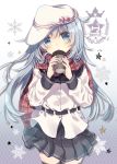  10s 1girl black_legwear black_skirt blue_eyes blue_hair blush character_name cup eyebrows_visible_through_hair hammer_and_sickle hat hibiki_(kantai_collection) highres holding holding_cup kantai_collection long_hair long_sleeves looking_at_viewer mitsuki_ponzu parted_lips red_scarf scarf skirt solo thigh-highs verniy_(kantai_collection) white_hat 