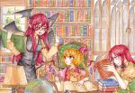  3girls armband black_skirt blonde_hair book book_stack bookshelf braid chair day demon_wings fingernails flandre_scarlet fountain_pen glasses globe hair_ribbon hat hat_removed head_wings headwear_removed hong_meiling index_finger_raised indoors inkwell koakuma lamp long_hair long_sleeves looking_at_another multiple_girls no_hat no_headwear oota_(ikumi1110) open_book open_mouth orange_shirt pen pointy_ears puffy_short_sleeves puffy_sleeves reading red-framed_eyewear red_eyes red_vest redhead ribbon shirt short_hair short_sleeves side_ponytail sitting skirt standing stuffed_animal stuffed_toy sweat table teddy_bear touhou traditional_media tress_ribbon twin_braids very_long_hair vest waistcoat watercolor_(medium) window wings 