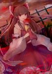  1girl :d bai_qi-qsr bow brown_hair detached_sleeves eyebrows_visible_through_hair flower hair_bow hakurei_reimu holding holding_flower long_hair long_skirt looking_at_viewer night open_mouth outdoors red_bow red_eyes red_flower red_shirt red_skirt ribbon-trimmed_sleeves ribbon_trim shirt signature skirt sleeveless sleeveless_shirt smile solo touhou very_long_hair 