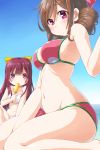  10s 2girls bikini bow breast_envy brown_hair dd_(ijigendd) drill_hair food from_below hair_bow harukaze_(kantai_collection) highres indian_style kamikaze_(kantai_collection) kantai_collection long_hair looking_at_viewer multiple_girls pink_bikini popsicle purple_hair red_bow red_eyes sitting swimsuit twin_drills violet_eyes white_bikini yellow_bow 