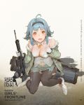  1girl 3: ahoge assault_rifle bangs bare_shoulders black_legwear blue_hair blush boots breasts character_name cleavage coat copyright_name fang full_body fur_trim girls_frontline gun hairband highres holding holding_gun holding_weapon krenz looking_at_viewer medium_breasts official_art open_clothes open_coat open_mouth orange_eyes rifle shirt short_hair sidelocks solo squatting t91_(girls_frontline) t91_assault_rifle tears thigh-highs torn_clothes torn_shirt torn_thighhighs watermark weapon web_address white_boots 