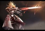  1girl armor bangs blonde_hair brown_eyes clarent copyright_name fate/apocrypha fate/grand_order fate_(series) faulds green_eyes grin holding holding_sword holding_weapon letterboxed long_hair looking_at_viewer mono_(jdaj) parted_lips pauldrons ponytail saber_of_red sidelocks smile solo standing sword tsurime weapon 