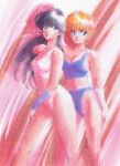  2girls 80s arm_rest arm_warmers ayukawa_madoka blue_eyes breasts cleavage fitness green_eyes hiyama_hikaru kimagure_orange_road long_hair medium_breasts multiple_girls official_art oldschool orange_hair parted_lips short_hair sports_bra takada_akemi traditional_media watercolor_(medium) 