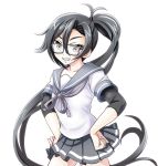  10s amagiri_(kantai_collection) black_hair glasses grin kantai_collection long_hair looking_at_viewer ponytail school_uniform smile solo tk8d32 